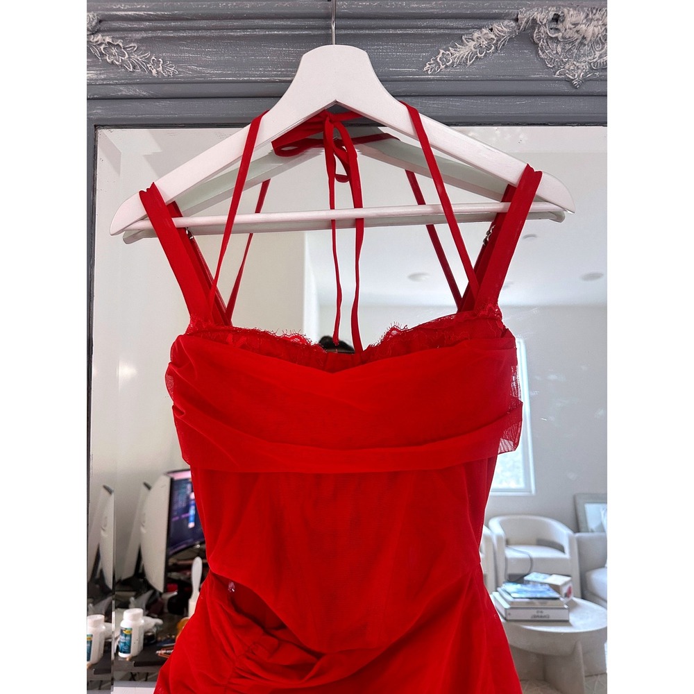 NWT Mistress Rocks Red Mesh Ruched Corset Mini Dress Halter Neck Lace Trim XS - Picture 8 of 15